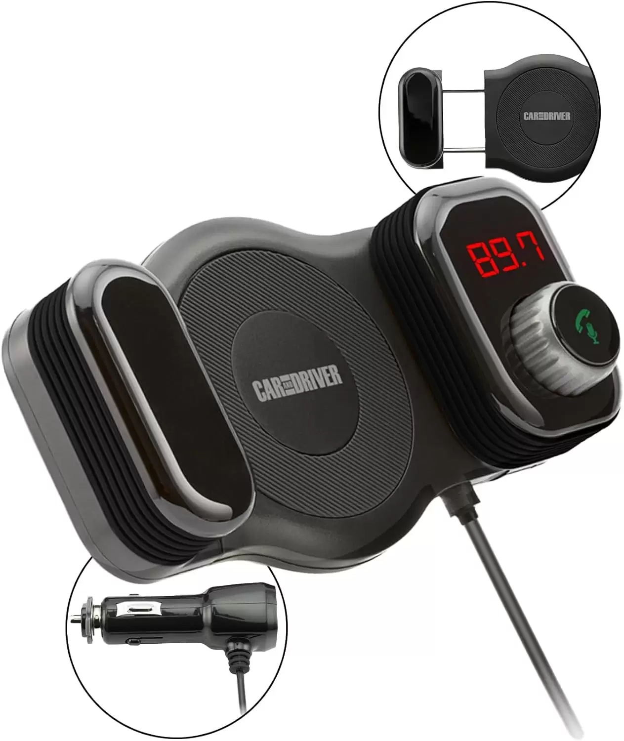 Car and Driver Bluetooth FM Transmitter | Car Vent Phone Mount featuring Streaming Audio, TF Card Slot, Hands-Free Calling, USB Charging, Siri Compatible, Secure Grip, Universal Fit