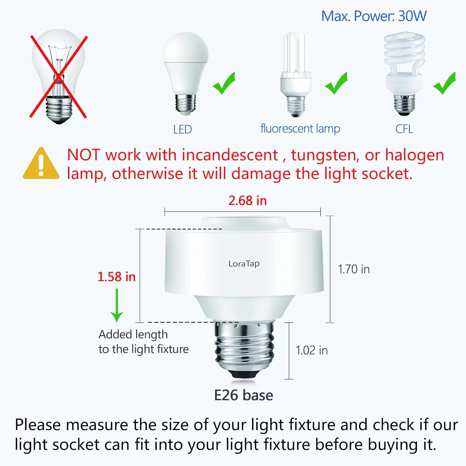 Smart Wi-Fi LED Light Bulb Socket Adapter E26 Lamp Holder ﻿Timer, Compatible with Google Assistant and Amazon Alexa Voice Control, Smart Life App Control, Max. Watt 30W - Image 2