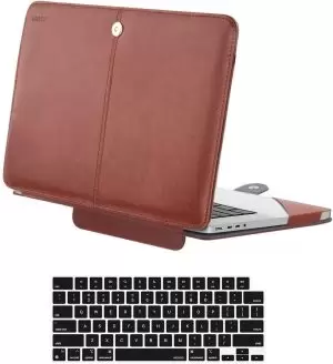 MOSISO Compatible with MacBook Pro 16 inch Case 2023 2022 2021 Release M3 A2991 M2 A2780 M1 A2485 Pro Max with Touch ID, PU Leather Folio Protective Stand Cover Sleeve with Keyboard Cover, Brown