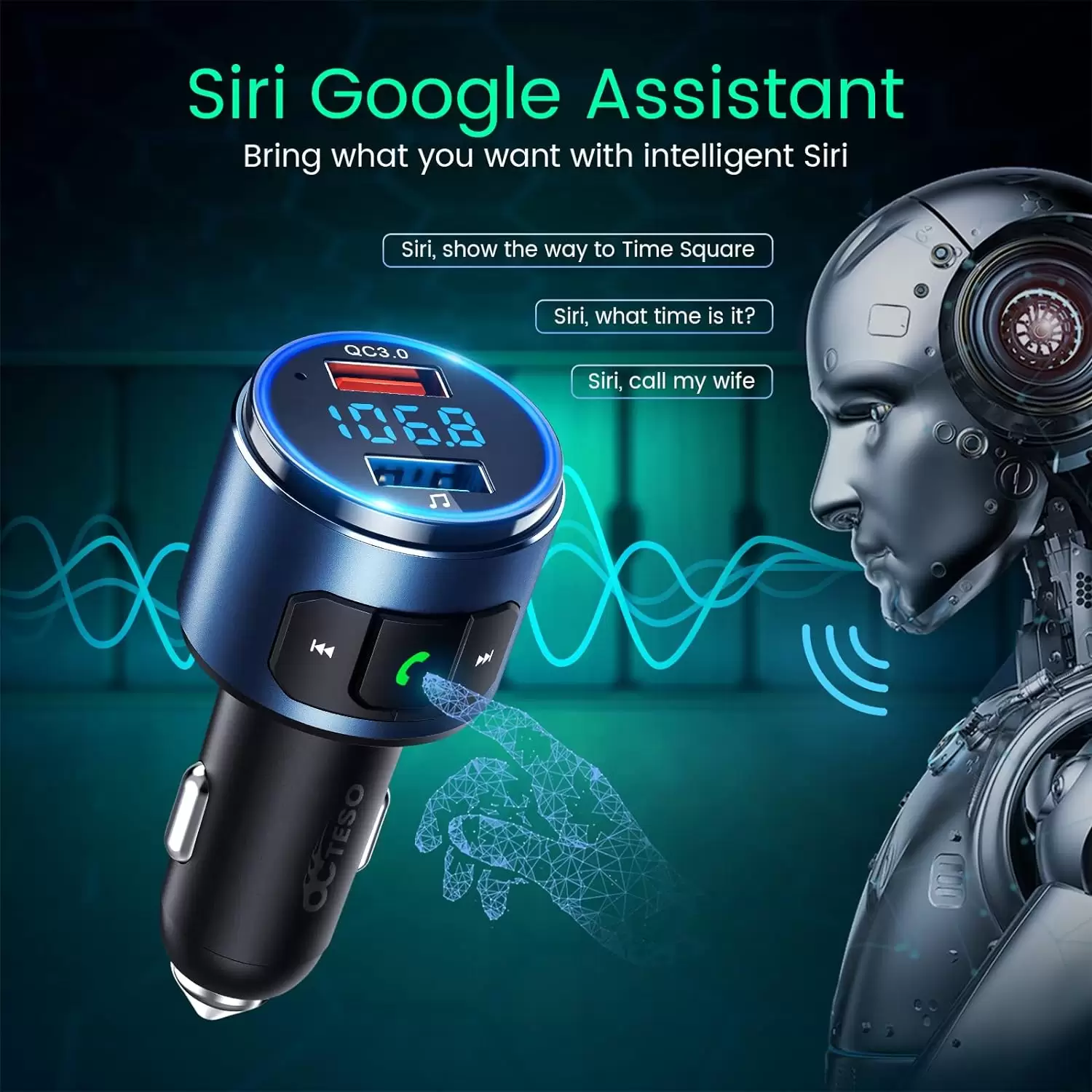 Octeso Upgraded FM Bluetooth Transmitter Car, QC3.0 Quick Charging & LED Backlit Bluetooth Car Adapter/FM Transmitter/Hi-Fi Music Player with Noise Cancelling Hands-Free Calls, Siri Google Assistant - Image 5