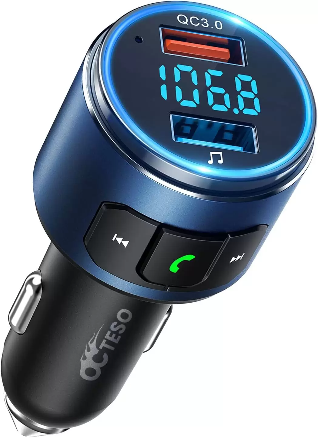 Octeso Upgraded FM Bluetooth Transmitter Car, QC3.0 Quick Charging & LED Backlit Bluetooth Car Adapter/FM Transmitter/Hi-Fi Music Player with Noise Cancelling Hands-Free Calls, Siri Google Assistant