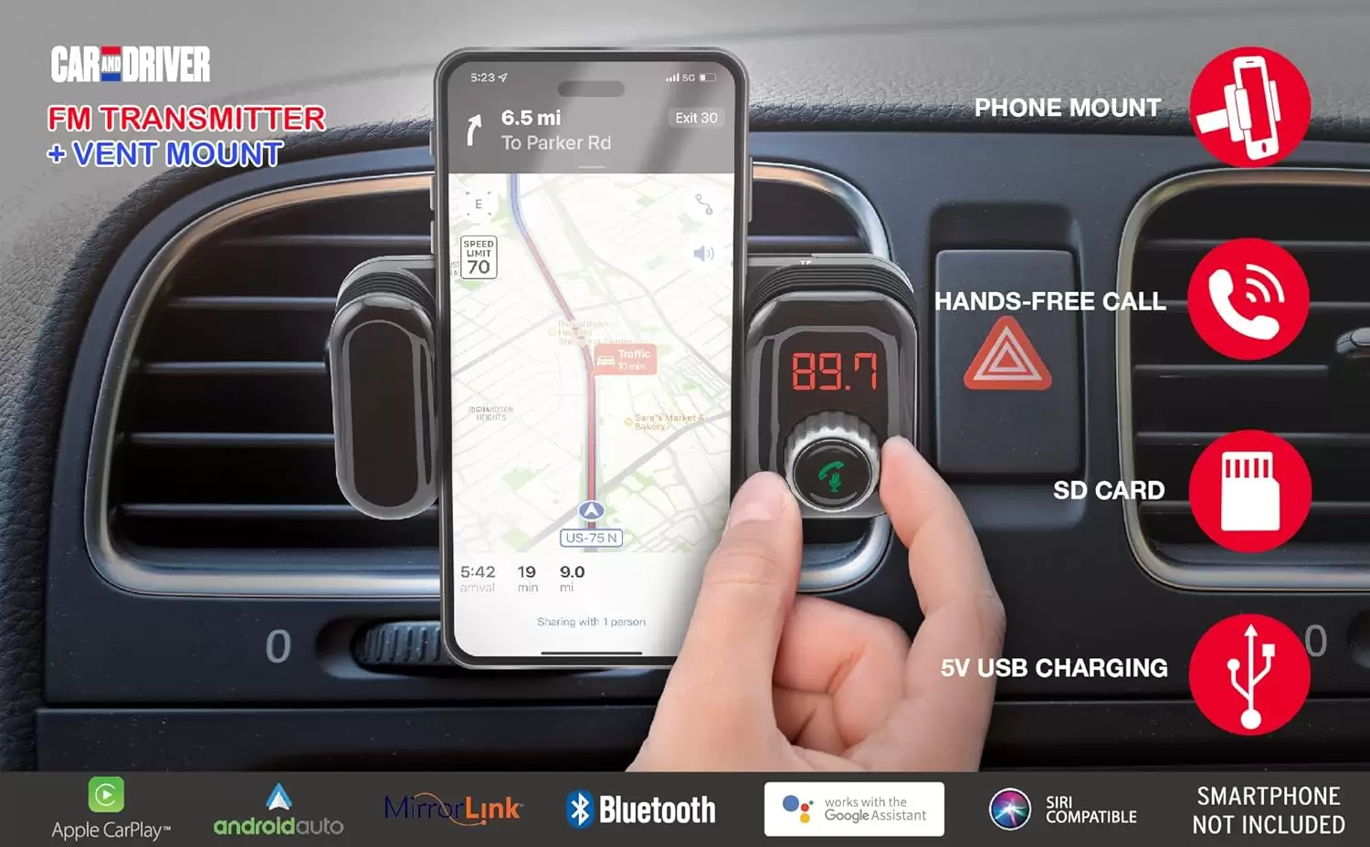 Car and Driver Bluetooth FM Transmitter | Car Vent Phone Mount featuring Streaming Audio, TF Card Slot, Hands-Free Calling, USB Charging, Siri Compatible, Secure Grip, Universal Fit - Image 8
