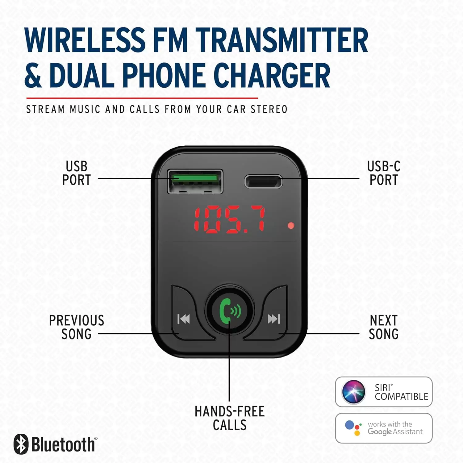Car and Driver Wireless FM Transmitter | Hands-Free Calling, Built-in Mic | Dual USB 4.8A Charging Power | Stream Music & Phone from Car Stereo via Bluetooth 5.3 | Plugs into 12V Lighter Socket - Image 6