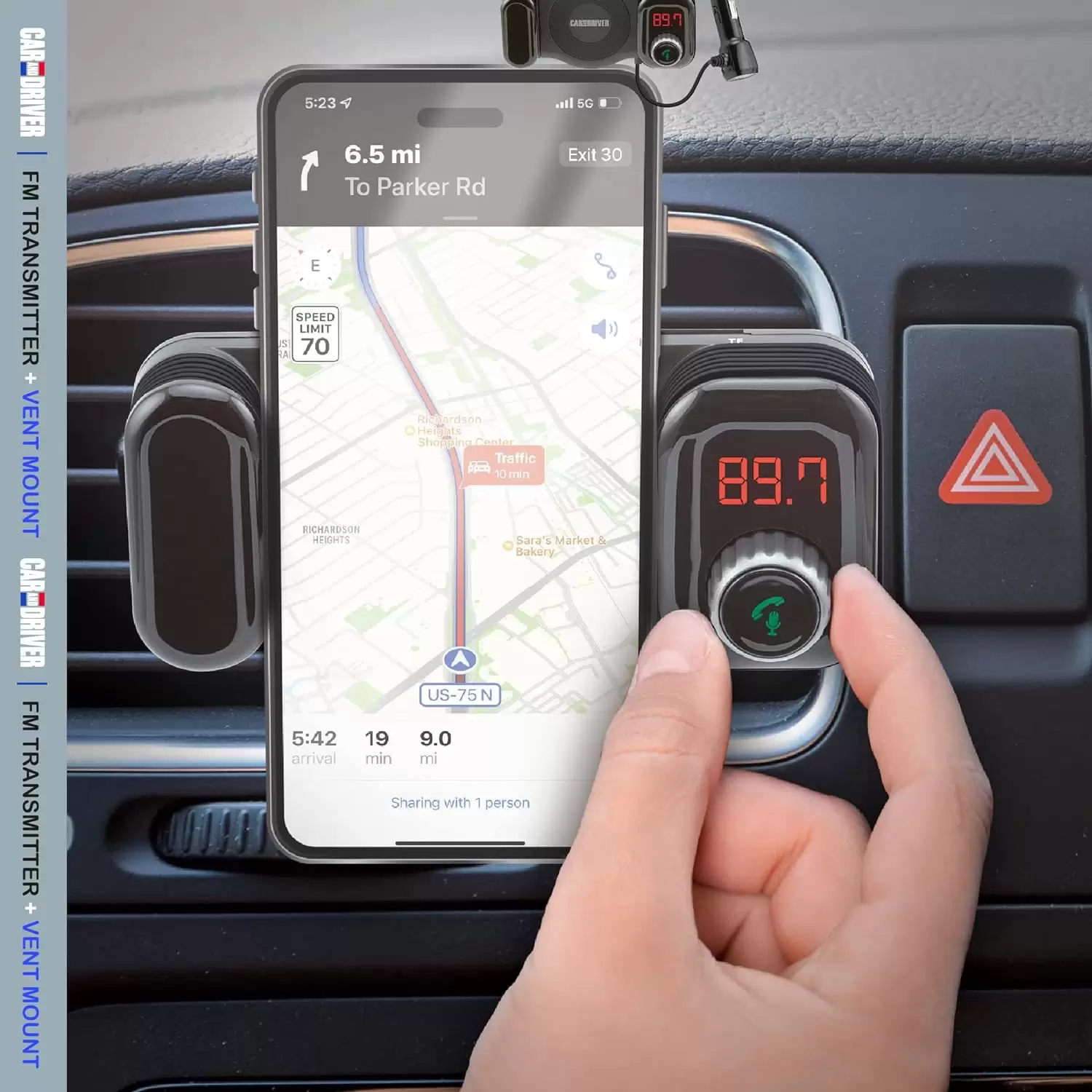 Car and Driver Bluetooth FM Transmitter | Car Vent Phone Mount featuring Streaming Audio, TF Card Slot, Hands-Free Calling, USB Charging, Siri Compatible, Secure Grip, Universal Fit - Image 6