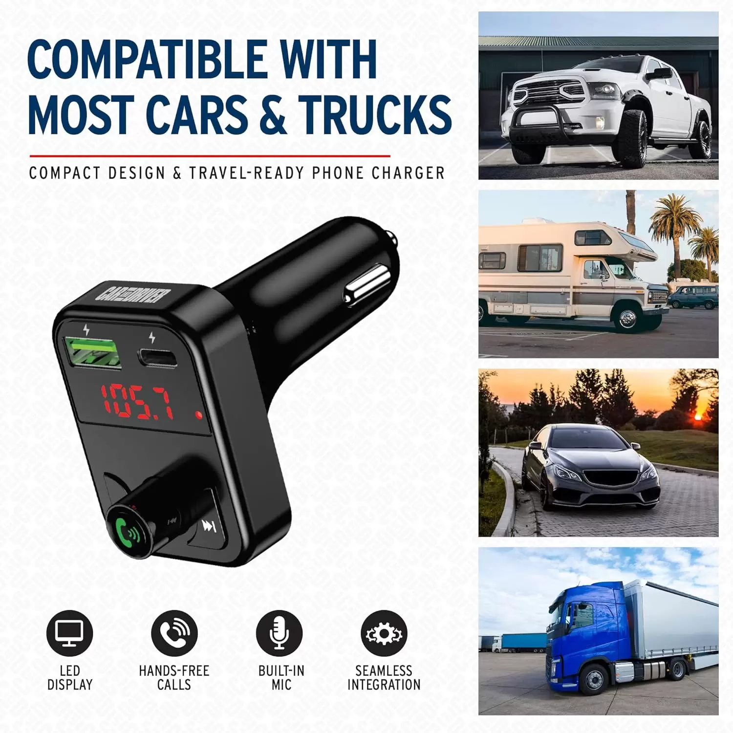 Car and Driver Wireless FM Transmitter | Hands-Free Calling, Built-in Mic | Dual USB 4.8A Charging Power | Stream Music & Phone from Car Stereo via Bluetooth 5.3 | Plugs into 12V Lighter Socket - Image 5