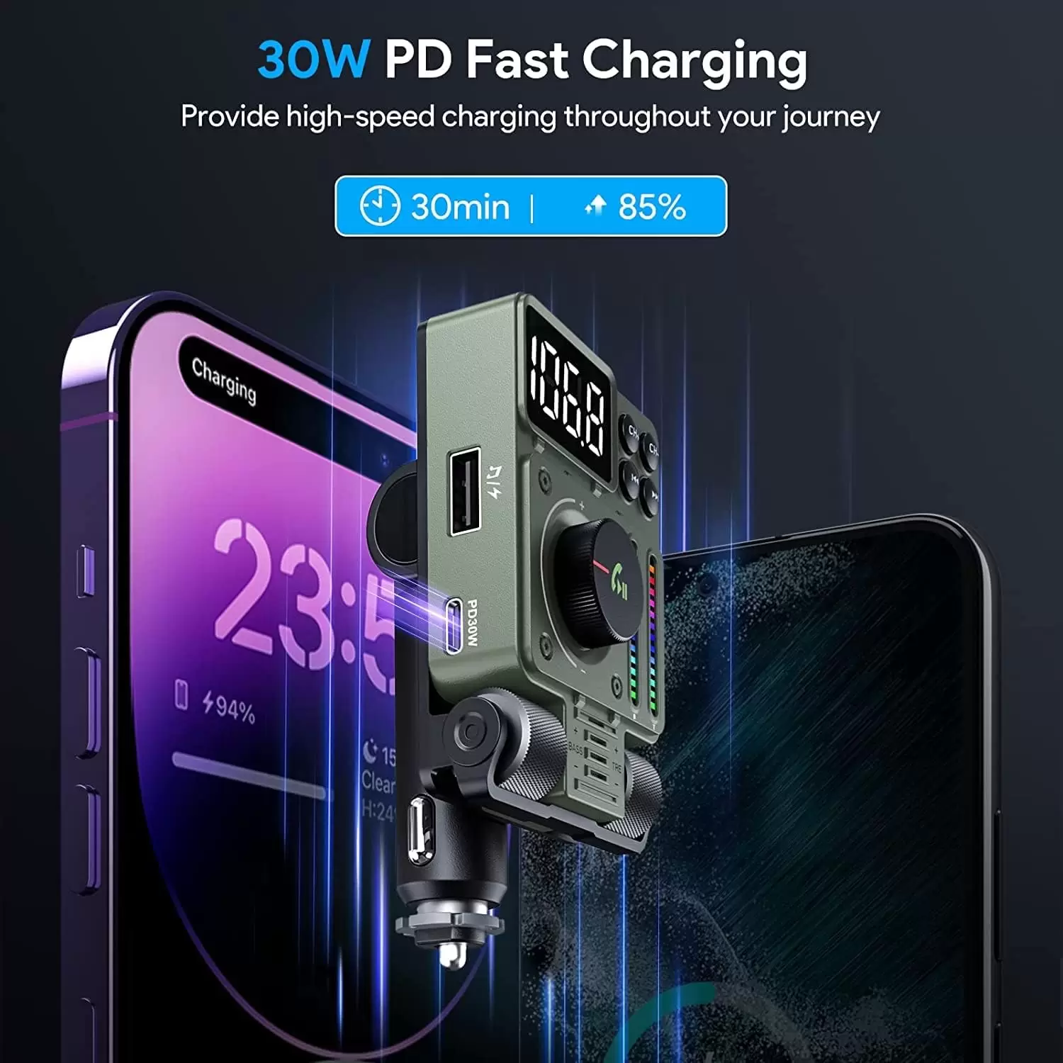 LENCENT FM Bluetooth 5.3 Transmitter for Car, Adjustable Treble and Bass Sound Music Player, Bluetooth Car Adapter for Hands Free Calls, Supports PD30W Fast Charging, U Disk, Siri Google Assistant - Image 12