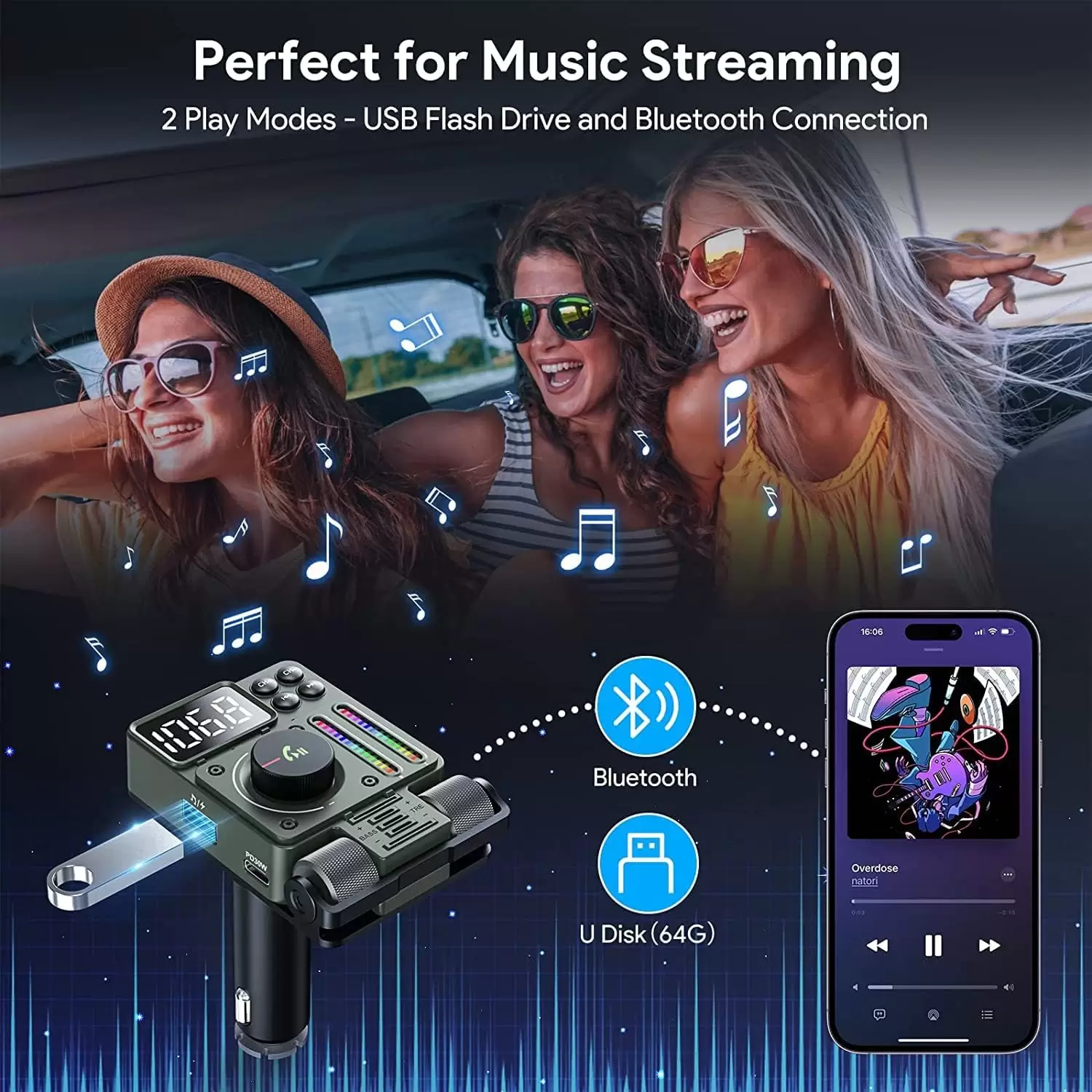 LENCENT FM Bluetooth 5.3 Transmitter for Car, Adjustable Treble and Bass Sound Music Player, Bluetooth Car Adapter for Hands Free Calls, Supports PD30W Fast Charging, U Disk, Siri Google Assistant - Image 10