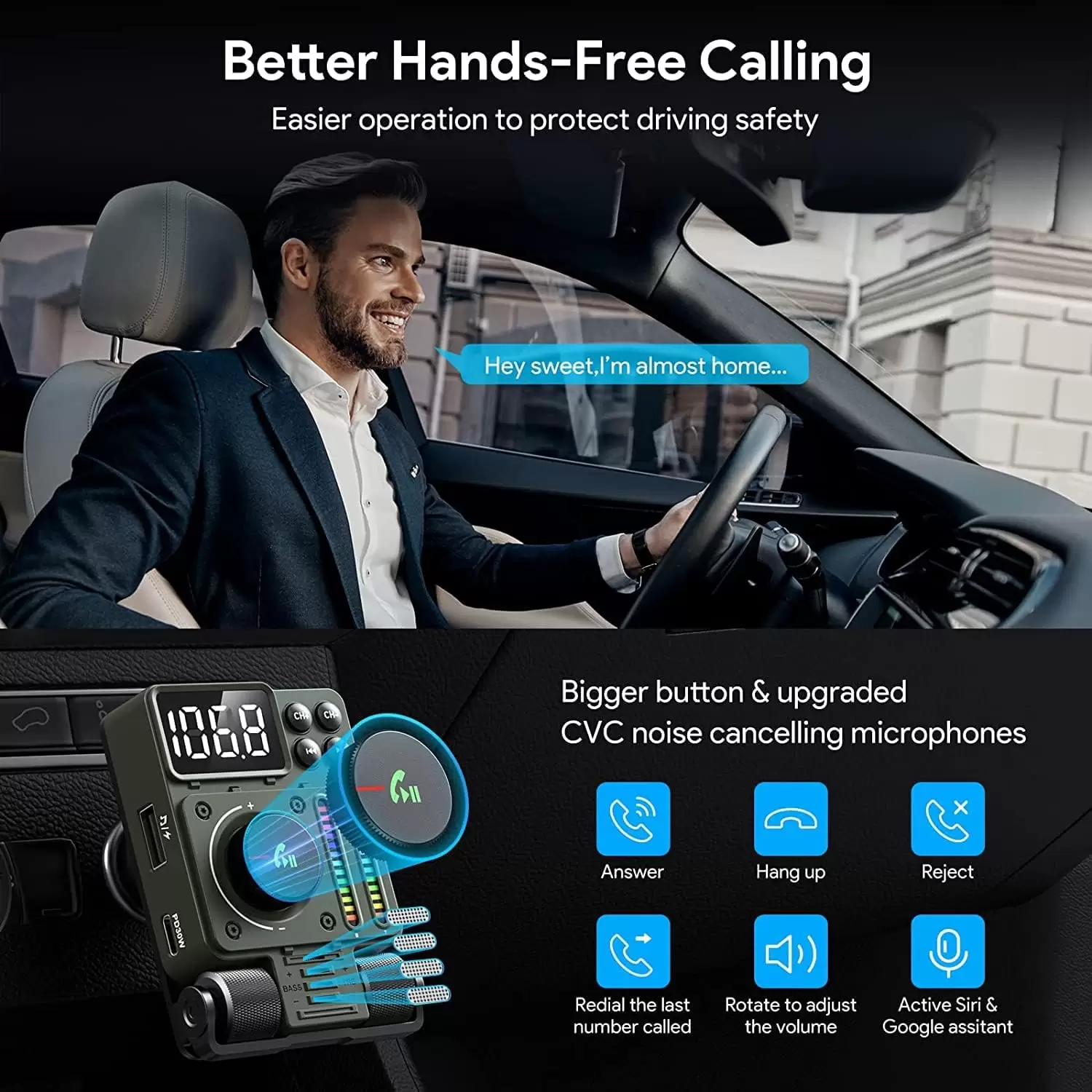 LENCENT FM Bluetooth 5.3 Transmitter for Car, Adjustable Treble and Bass Sound Music Player, Bluetooth Car Adapter for Hands Free Calls, Supports PD30W Fast Charging, U Disk, Siri Google Assistant - Image 11