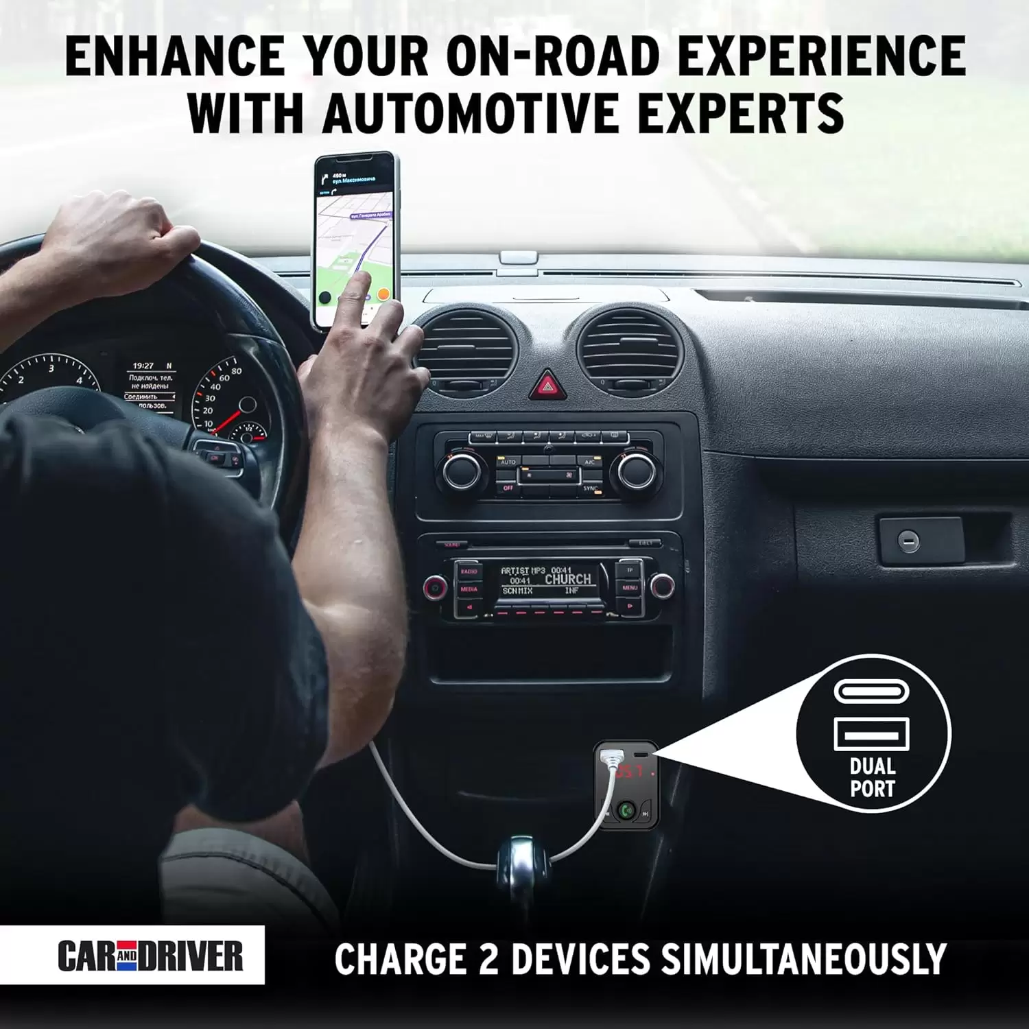 Car and Driver Wireless FM Transmitter | Hands-Free Calling, Built-in Mic | Dual USB 4.8A Charging Power | Stream Music & Phone from Car Stereo via Bluetooth 5.3 | Plugs into 12V Lighter Socket - Image 4