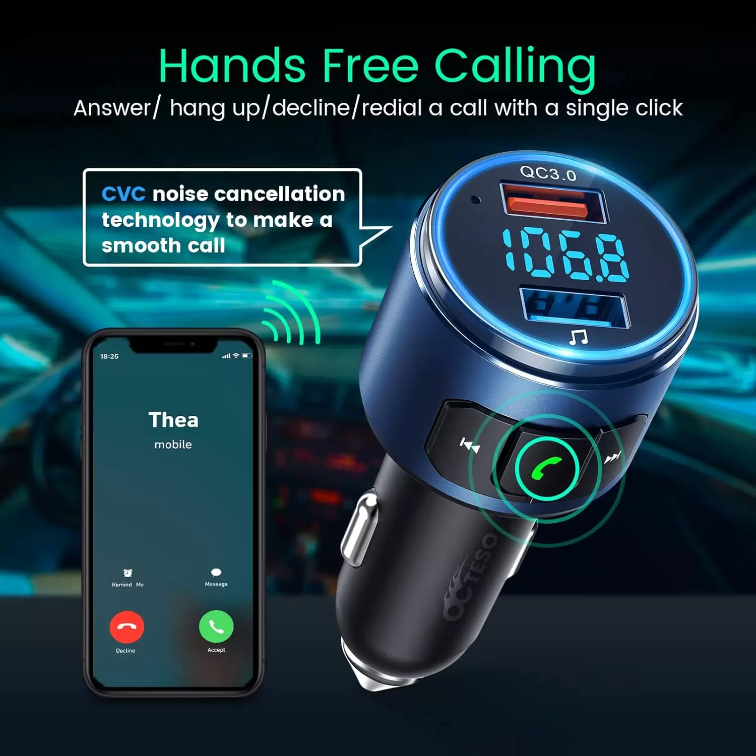 Octeso Upgraded FM Bluetooth Transmitter Car, QC3.0 Quick Charging & LED Backlit Bluetooth Car Adapter/FM Transmitter/Hi-Fi Music Player with Noise Cancelling Hands-Free Calls, Siri Google Assistant - Image 6