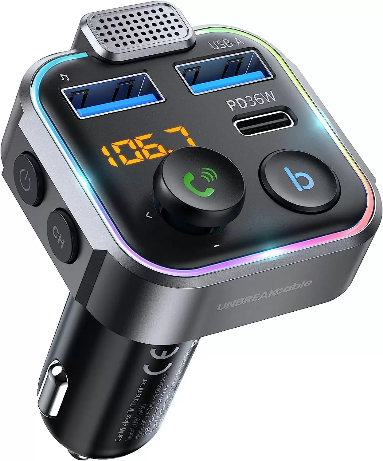 UNBREAKcable Bluetooth FM Transmitter for Car, PD 38W Fast Charging, Wireless Bluetooth FM Radio Adapter, Car Kit with Hands-Free Calls, HiFi Bass Boost MP3 Music Player Support USB Drive